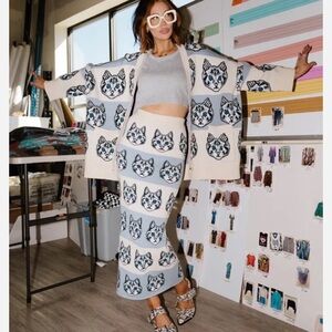 Dressed in LALA Cat Print oversized sweater - Cream and Black